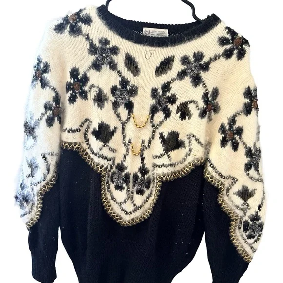 Embellished Black & Cream Floral Knit Sweater - Picture 1 of 4